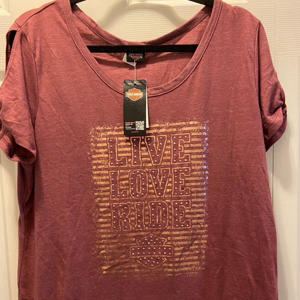 Women’s Harley-Davidson Gold Studded Cold Shoulder T-Shirt Live Love Ride SD